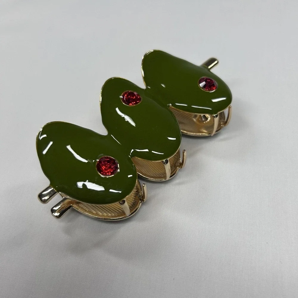 Green Martini Olive Hair Claw Clip Pimento Red Rhinestone Gold Metal Jaw